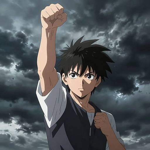 Anime-style digital illustration of a determined young man with spiky black hair, raising his fist against a stormy, cloud-filled sky. He wears a