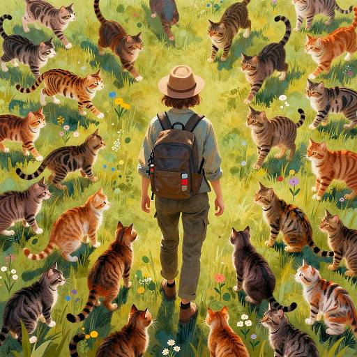 Explorer Amid Psychedelic Striped Cats
