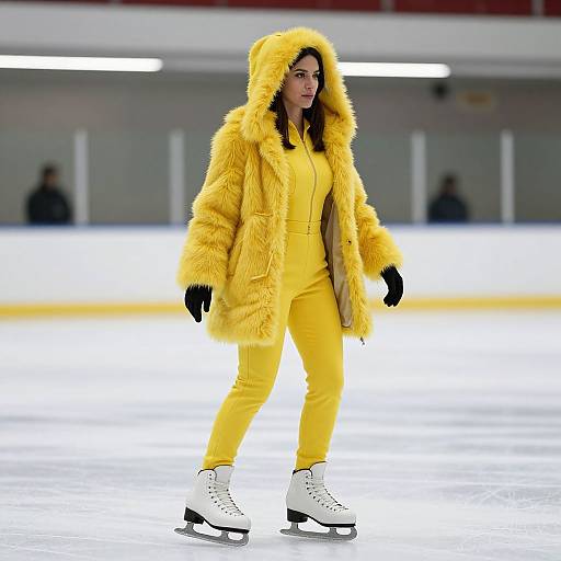 Photograph of a woman skating in a bright yellow fur hoodie, yellow jumpsuit, and white ice skates, with a blurred indoor rink background