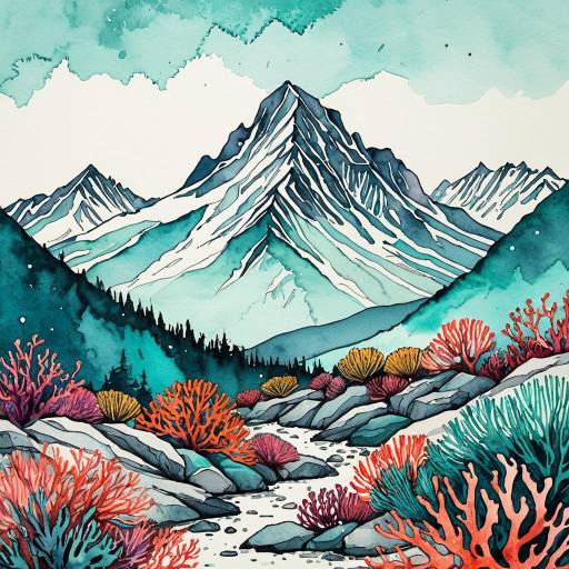 Watercolor Mountain Landscape with Coral and Teal Accents