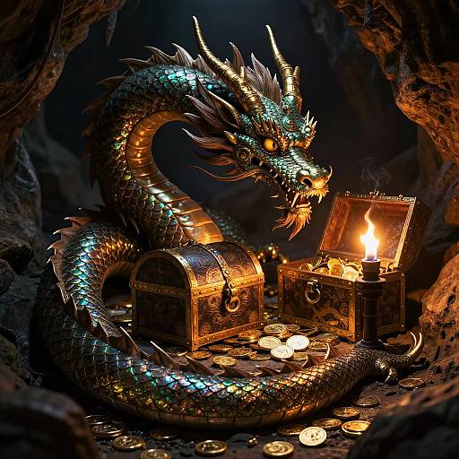 Dragon Guarding Treasure in Dark Cave