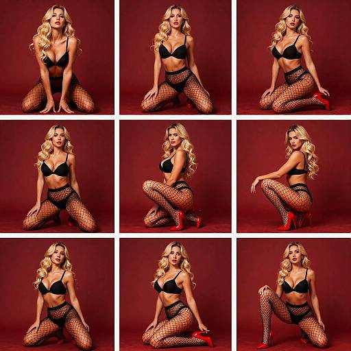 Photograph collage of blonde woman with wavy hair, black bra, fishnet stockings, and red high heels, crouching against red background.