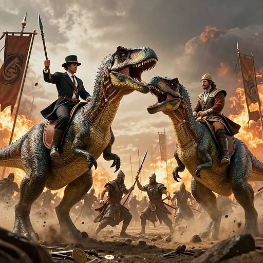 Photorealistic digital artwork: Two men in 19th-century suits, riding fierce, snarling velociraptors, charge into battle amidst fiery