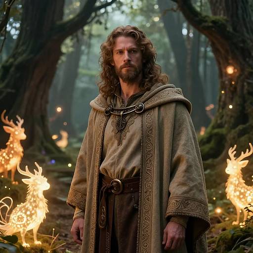 Photograph of a bearded, long-haired man in a medieval-style, ornate cloak standing in a mystical forest with glowing fireflies and torches