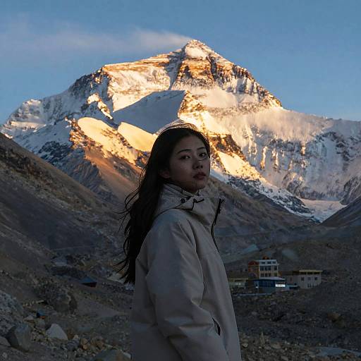Photograph of an Asian woman with long dark hair, wearing a beige jacket, standing in front of a sunlit snow-capped mountain with a blue