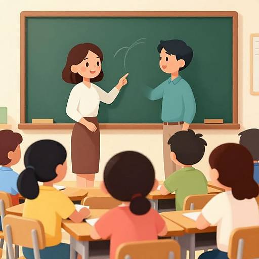 Cartoon-style classroom drawing: Female teacher with brown bob, white blouse, brown skirt, writing on green chalkboard, six seated children listen.