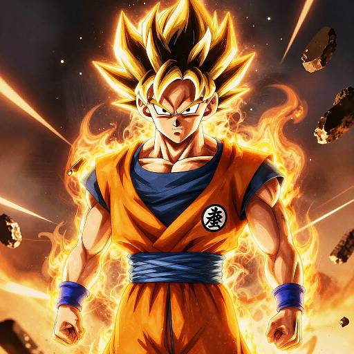 Digital artwork of Super Saiyan Son Goku engulfed in fiery flames, wearing orange and blue martial arts gi, with intense expression.