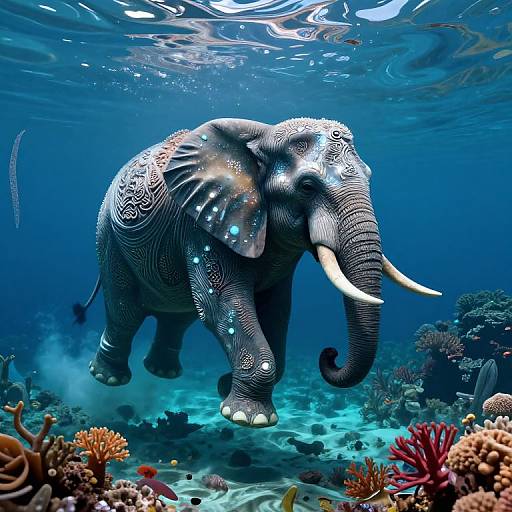 Photograph of a glowing, patterned African elephant swimming underwater, surrounded by vibrant coral reefs and marine life in a clear blue ocean.
