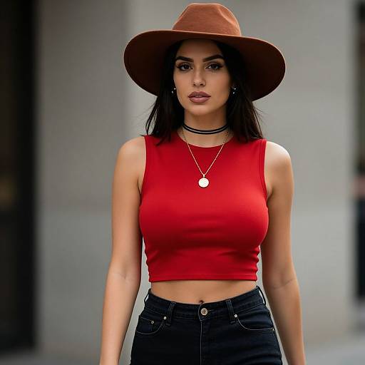 Photograph of a confident woman with medium brown skin, dark hair, wearing a brown hat, red sleeveless crop top, black high-waisted