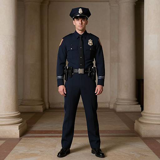 Photograph of a young, serious male police officer in full dark uniform, standing in a marble-columned hall, facing forward.