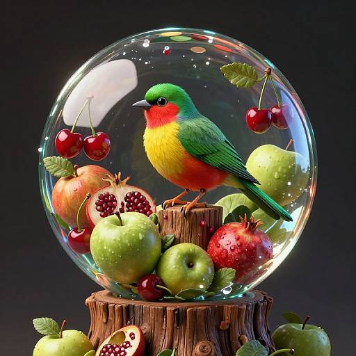 Photograph of a vibrant green, red, and yellow bird inside a clear glass snow globe with apples, cherries, pomegranate, and