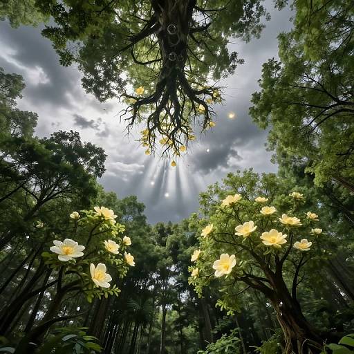 Photograph of a sunlit forest canopy with yellow flowers in the foreground, sun rays piercing through clouds, and tall trees surrounding.