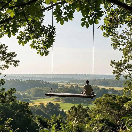 Photograph of a person sitting on a wooden swing, overlooking a lush, green valley with rolling hills and distant trees. Sunlight filters through tree leaves