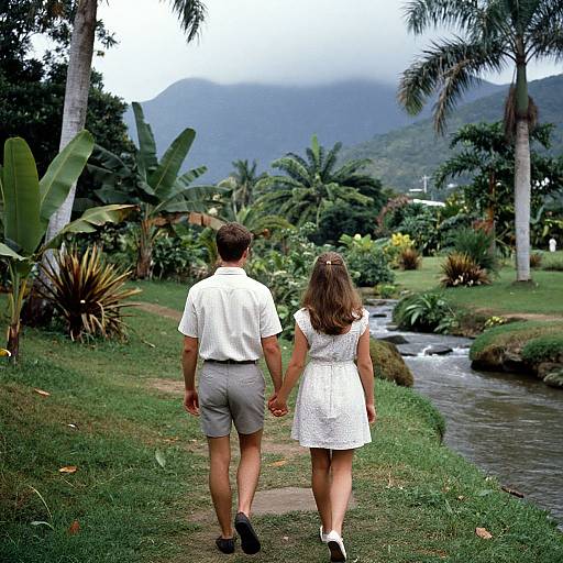 Photograph of a couple holding hands, walking away on a grassy path beside a stream, surrounded by lush tropical plants and palm trees, with mist