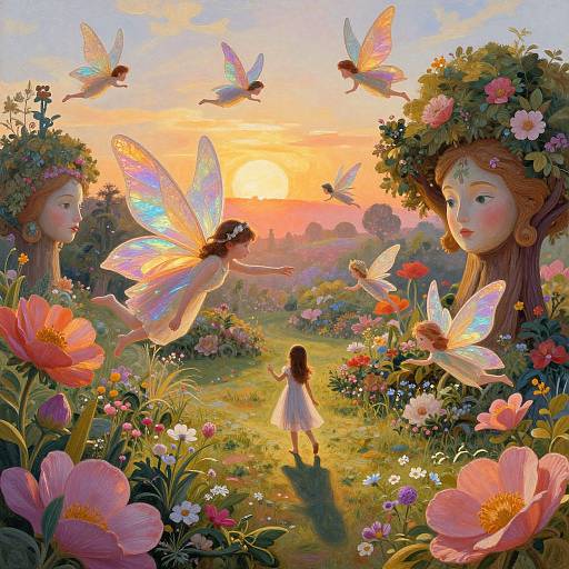 Whimsical digital painting of a sunlit meadow with fairy-like women with glowing wings, colorful flowers, and a small child in a white dress