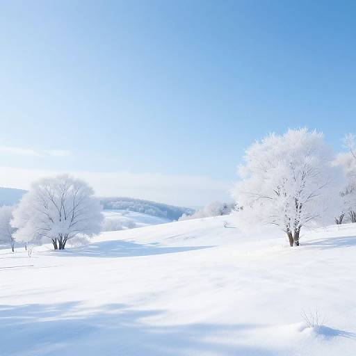Photograph of a snowy landscape with two leafless trees covered in snow, set against a bright blue sky.