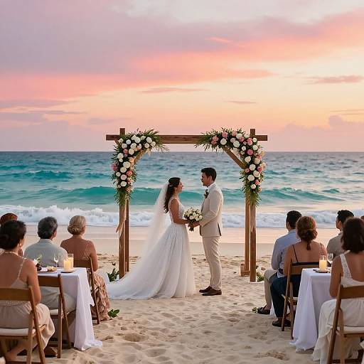 Photograph of a beach wedding: bride in white gown, groom in beige suit, exchanging vows under floral arch at sunset. Guests seated in white chairs