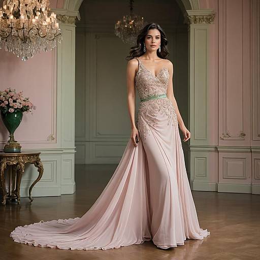 Elegant Woman in Blush Pink Evening Gown