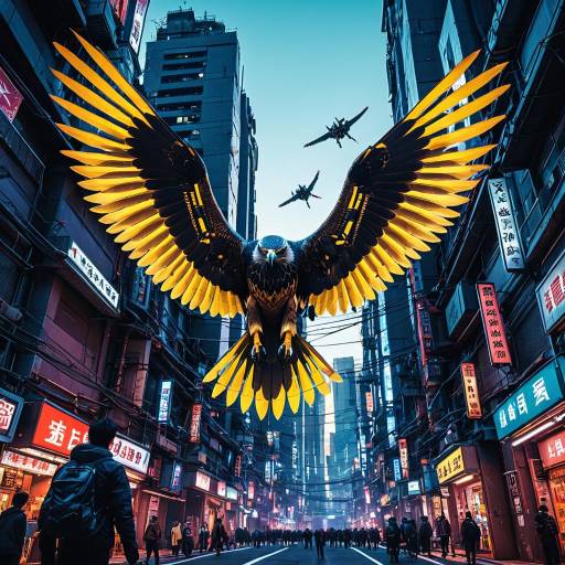 Cybernetic Falcon in Neon Urban Dive