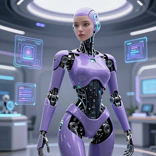 CGI image of a sleek, purple, female humanoid robot with glowing blue accents, standing in a futuristic, brightly lit lab.