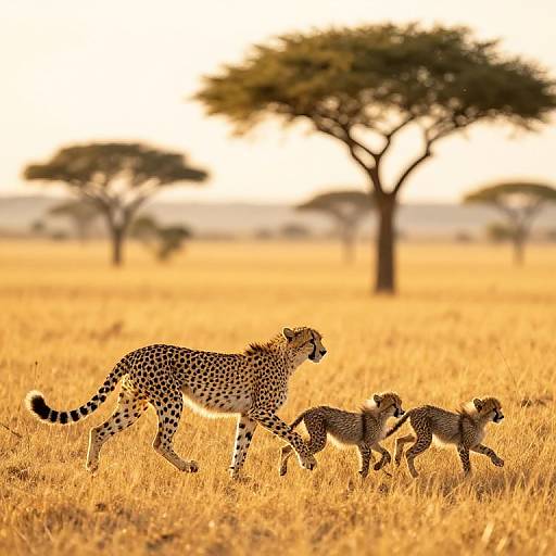 Photograph of a cheetah with two cubs walking through a golden savanna, with acacia trees in the blurred background at sunset.