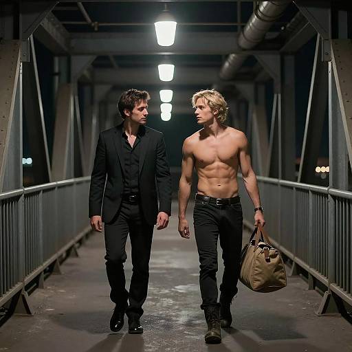 Contrasting Figures on an Industrial Bridge