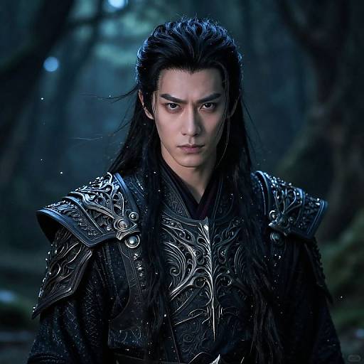 Photorealistic digital artwork of a stern-faced, long-haired man with dark, intricate armor, standing in a misty, blue-lit forest.