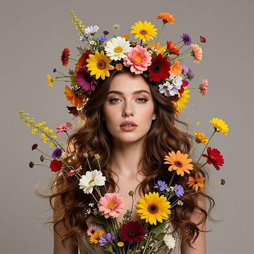 Photograph of a young woman with long, wavy brown hair, wearing a vibrant flower crown and holding a bouquet of multicolored flowers against a