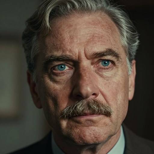 Close-up photograph of a middle-aged man with gray hair, blue eyes, and a thick mustache, wearing a dark suit, looking intently at