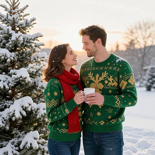 Photograph of a smiling couple in green Christmas sweaters and red scarves, holding white mugs, standing in a snowy forest with snow-covered trees