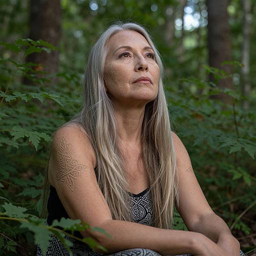 Photograph of a middle-aged woman with long, grayish-blonde hair, wearing a black patterned top, seated in a lush forest,