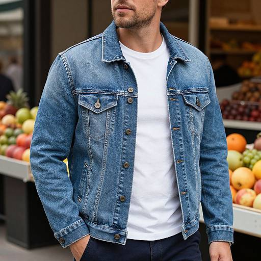 Photograph of a bearded man in a blue denim jacket over a white t-shirt, standing in front of a fruit market.