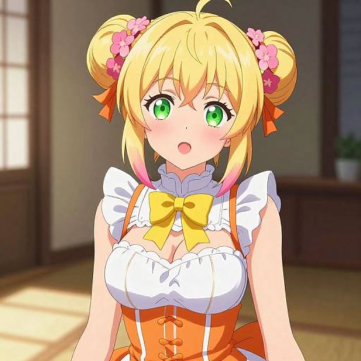 Anime-style digital drawing of a blonde girl with green eyes, double buns, pink flowers, orange bow, and white frilled dress.