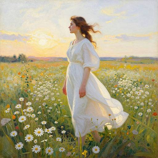 A digital painting of a woman in a flowing white dress standing in a sunlit meadow of white daisies and wildflowers, with a colorful