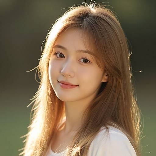 Photograph of a young Asian woman with long, light brown hair, soft smile, fair skin, and warm sunlight highlighting her face. She wears a