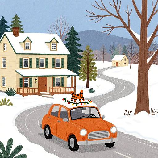 Digital illustration of an orange vintage car driving on a snowy, winding road past a yellow house with green shutters and snow-covered roof. Leafless trees