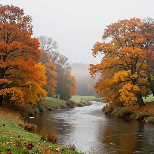 Photograph of a serene autumn river, flanked by vibrant orange and yellow trees, with misty fog in the background.