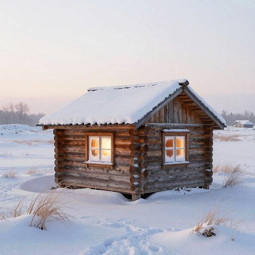Cozy Snow-Covered Log Cabin at Sunrise