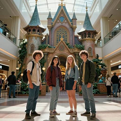 Photograph of four teenagers standing in front of a detailed, castle-like atrium in a brightly lit mall, with tall, pointed roofs and lush green