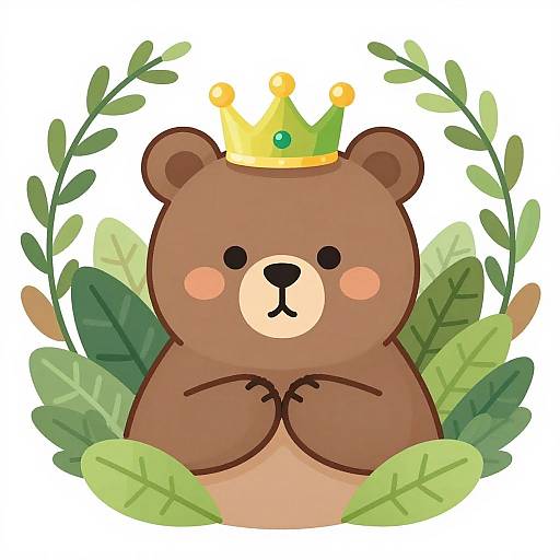 Cute Bear with Crown and Leaves