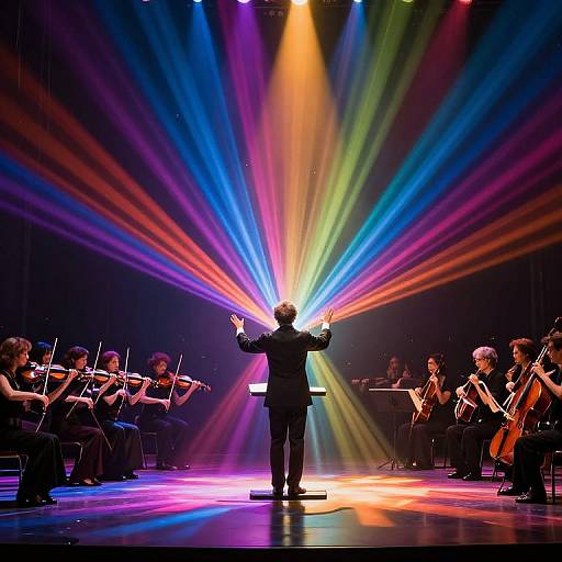 Photograph of a symphony orchestra on stage with vibrant, multi-colored spotlights radiating from behind a conductor raising his arms, surrounded by violinists