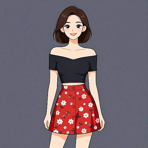 Digital illustration of a smiling young woman with shoulder-length brown hair, wearing an off-shoulder black top and red floral skirt, standing against a solid