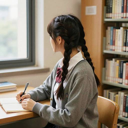 Female Student with Fishtail Braids Studying in Library