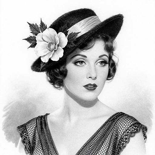 Black-and-white digital drawing of a 1920s flapper woman with short, wavy hair, dark lipstick, wearing a flower-adorned