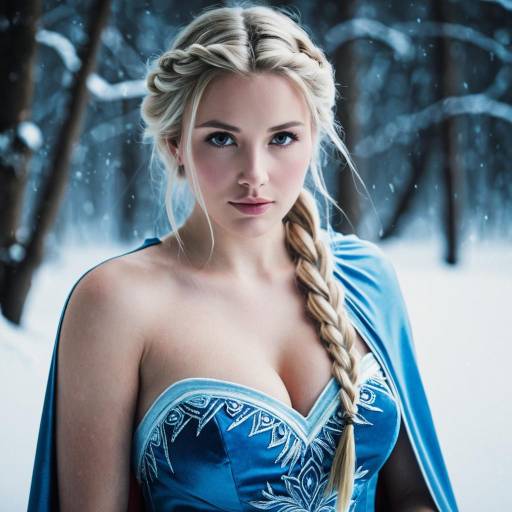 Blonde Woman in Blue Dress and Cape in Snowy Forest