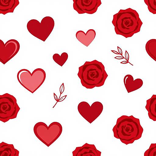 Digital illustration of red roses and red hearts of various sizes on a white background, with small leaf motifs.
