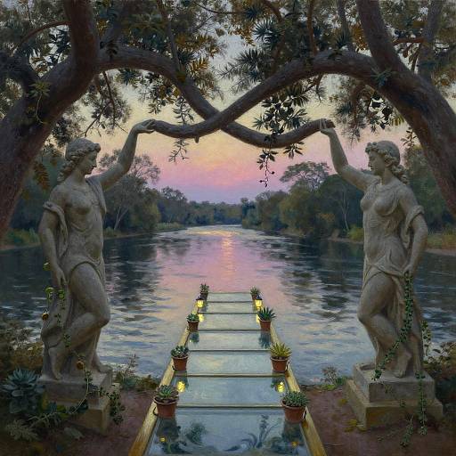 Twilight River Bend with Stone Statues and Glass Catwalk
