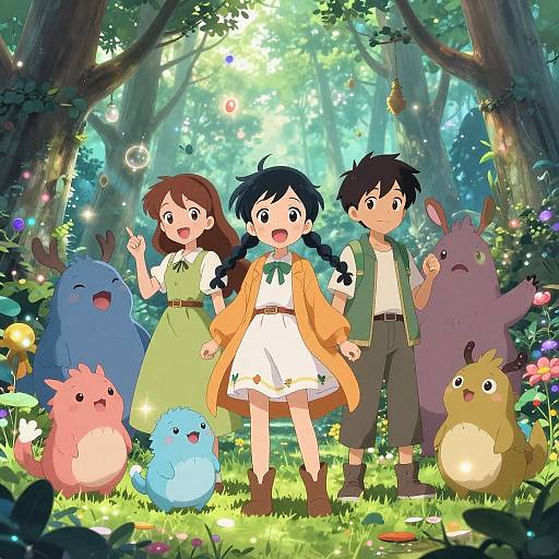 Anime-style forest scene: three children with cute, colorful, fluffy creatures around them. Bright sunlight filters through trees, colorful flowers dot the ground. Characters