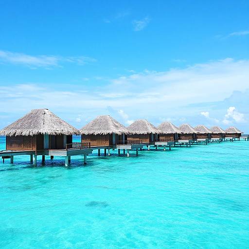 Photograph of five thatched-roof overwater bungalows on stilts, floating in clear, bright turquoise ocean under a vivid blue sky.