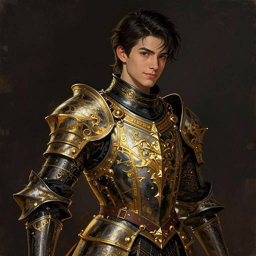 Digital portrait of a handsome young man with dark hair, wearing ornate golden and black medieval armor, standing against a dark background.